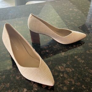 Marc Fisher 6 1/2 size pumps with cream fabric & wood heels. Brand new w/o tags